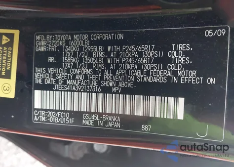 2009 Toyota Highlander z USA, uszkodzony, nr VIN JTEES41A392137316